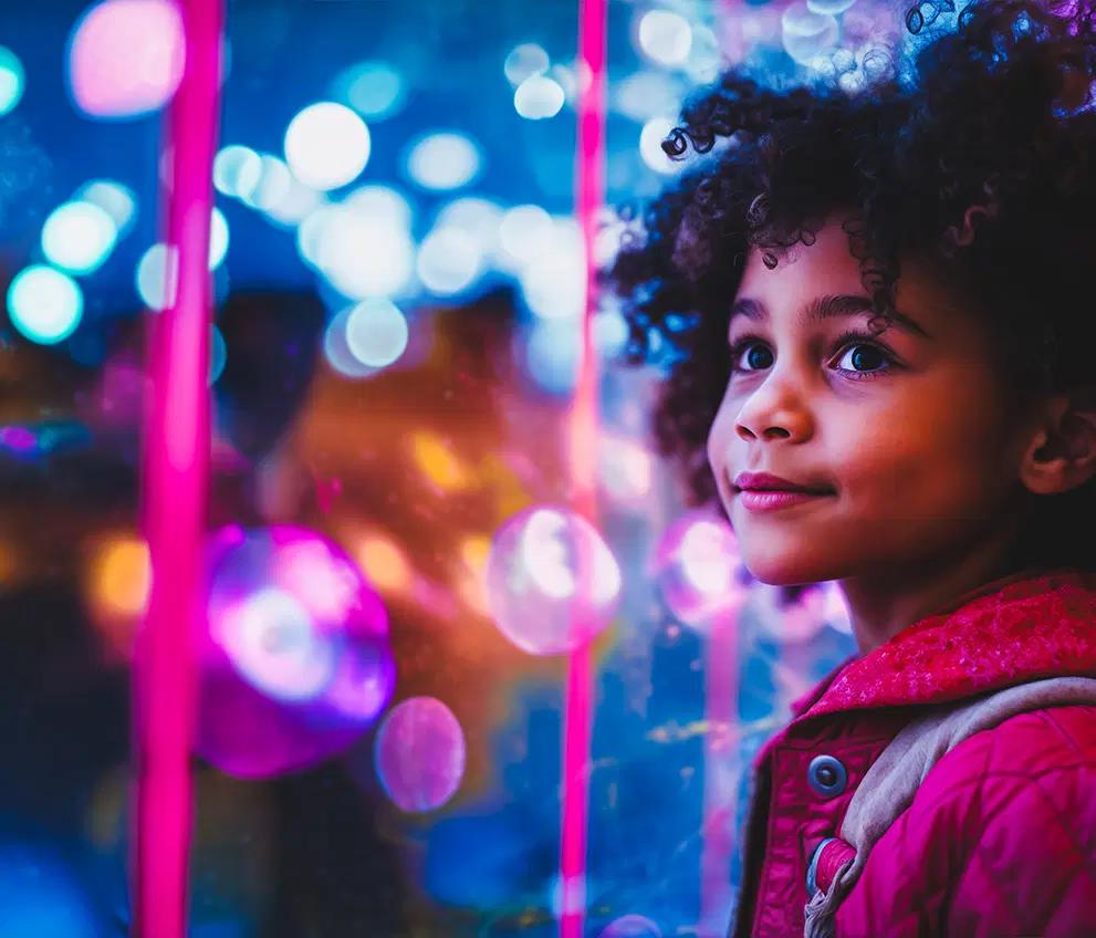 young girl with coloured lights
