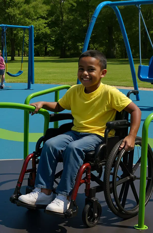 young boy in wheelchair at a play park